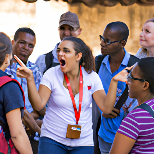 3. A photo portraying a guide communicating effectively in multiple languages with a diverse group of tourists.