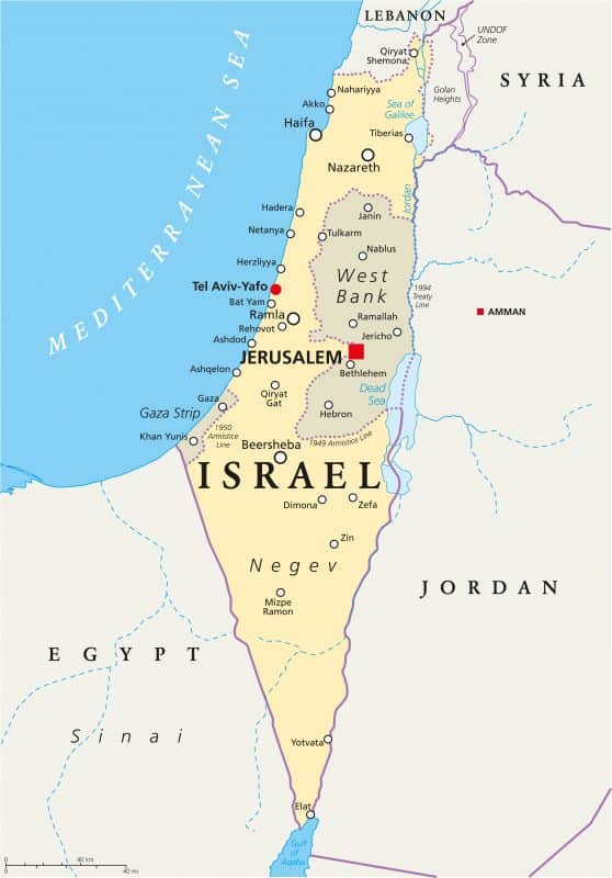מפת ישראל המדגישה את המסלול לצפון